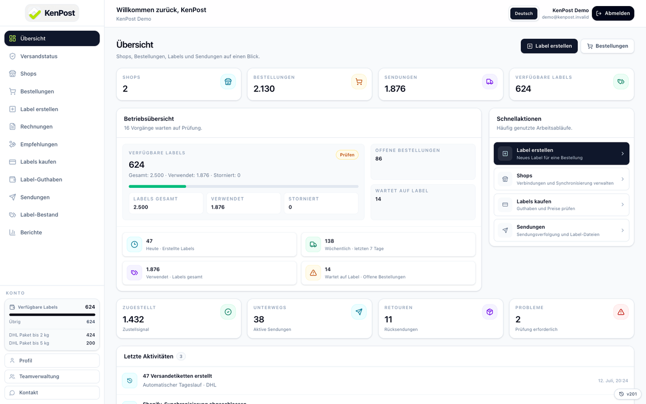 KenPost-Dashboard mit Bestellübersicht, Versandstatus und zentralen Versandaktionen